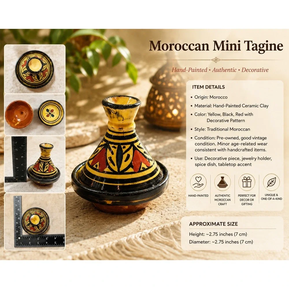 Mini Moroccan Hand Painted Ceramic Tagine Pot Salt Cellar Spice Dish‎ Yellow Red
